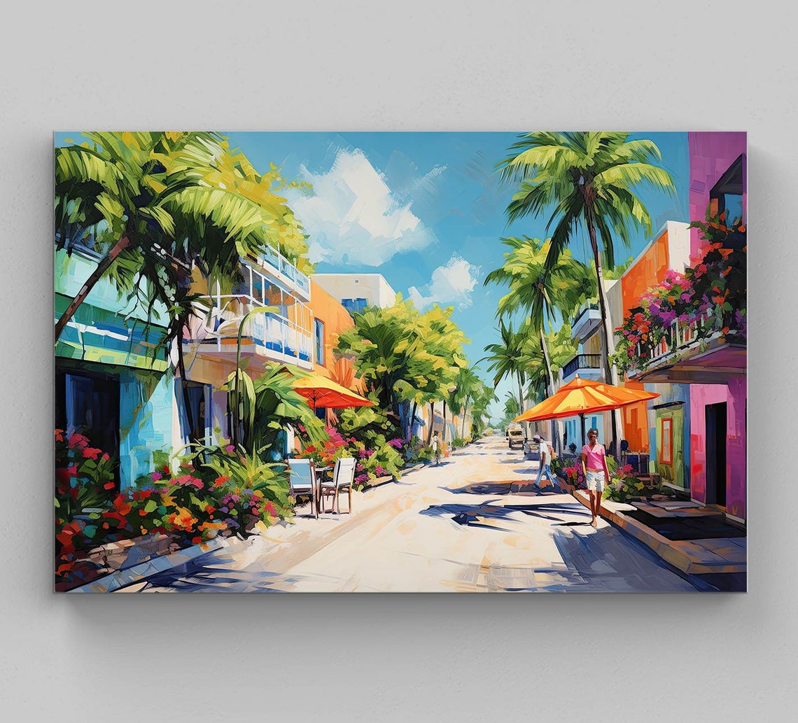 Vibrant Tropical Beach Town Street With Palm Trees Art Poster