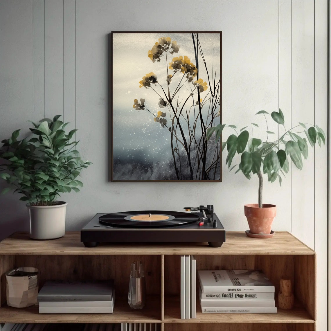 Yellow Blossom Branches Ink Wash Grey Blue Floral Art Poster - Image 2