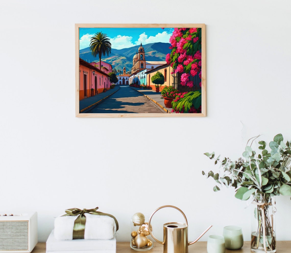 Mexican Colonial Town Street Church Mountain View Art Poster - Image 5