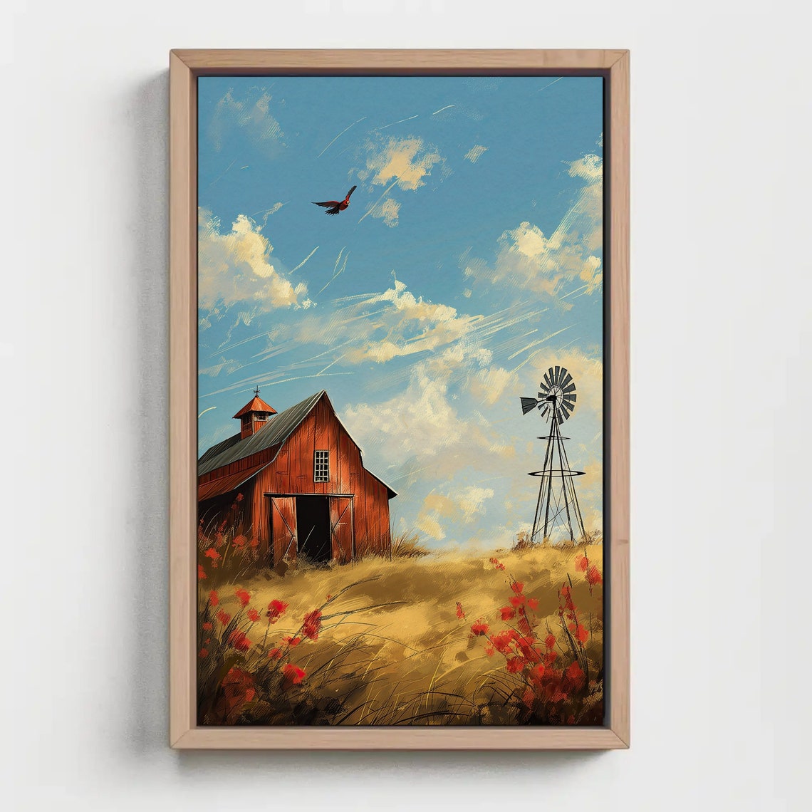 Red Barn Windmill Wheat Field Sunny Farm Landscape Art Poster
