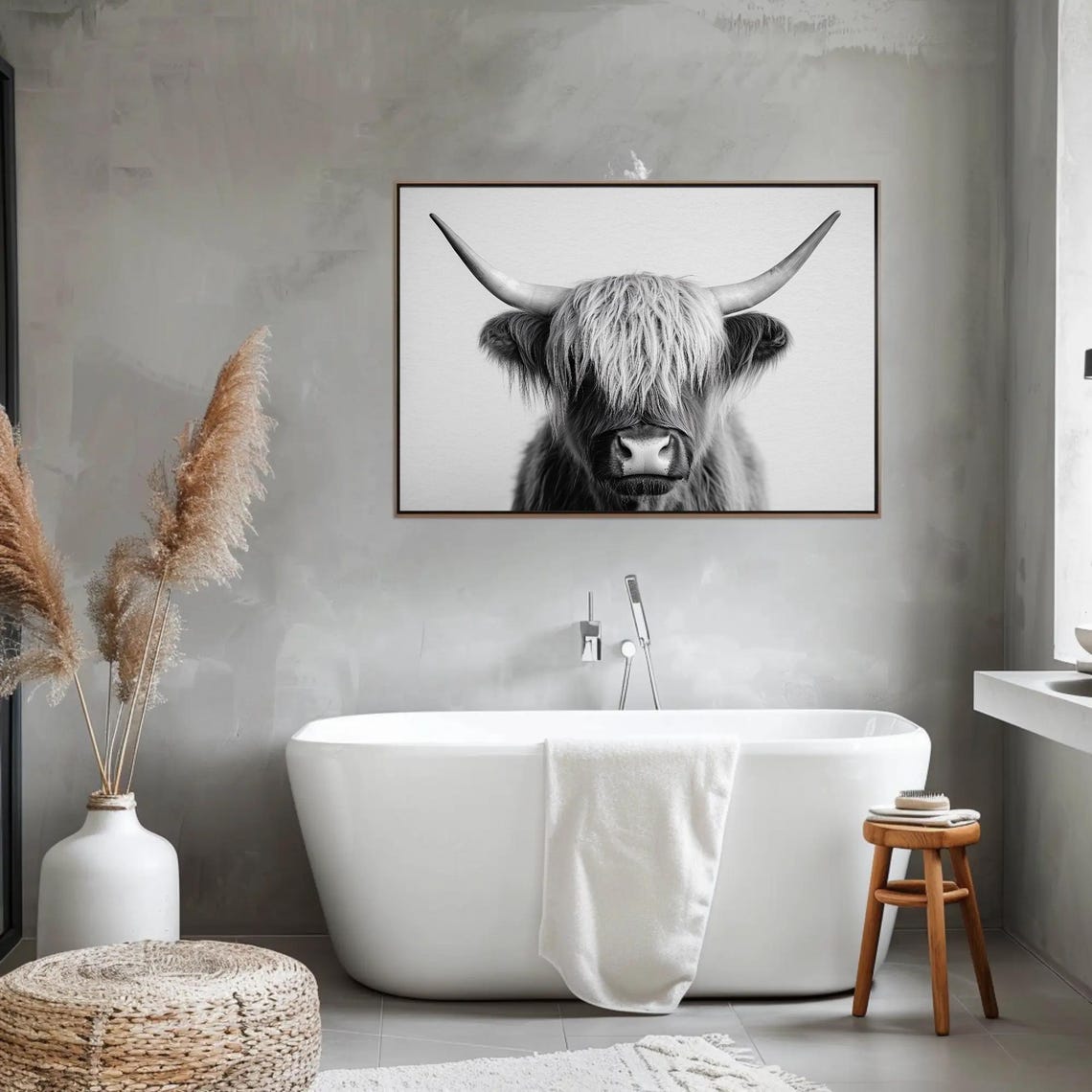 Black and White Highland Cow Portrait with Long Horns Poster - Image 3