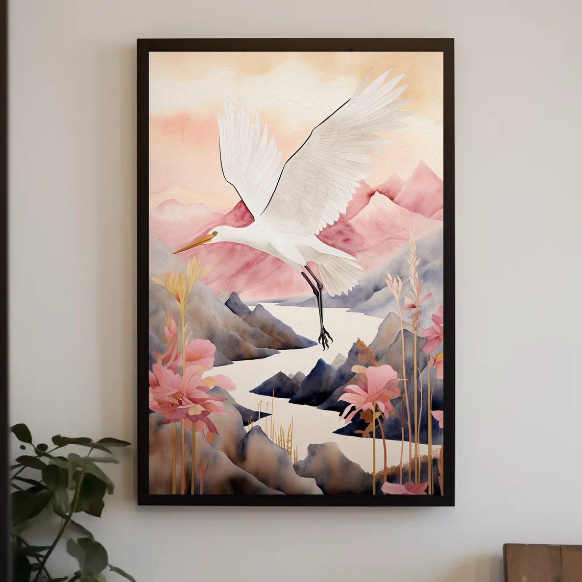 White Crane Flying Over Pink Mountains Lotus Watercolor Poster