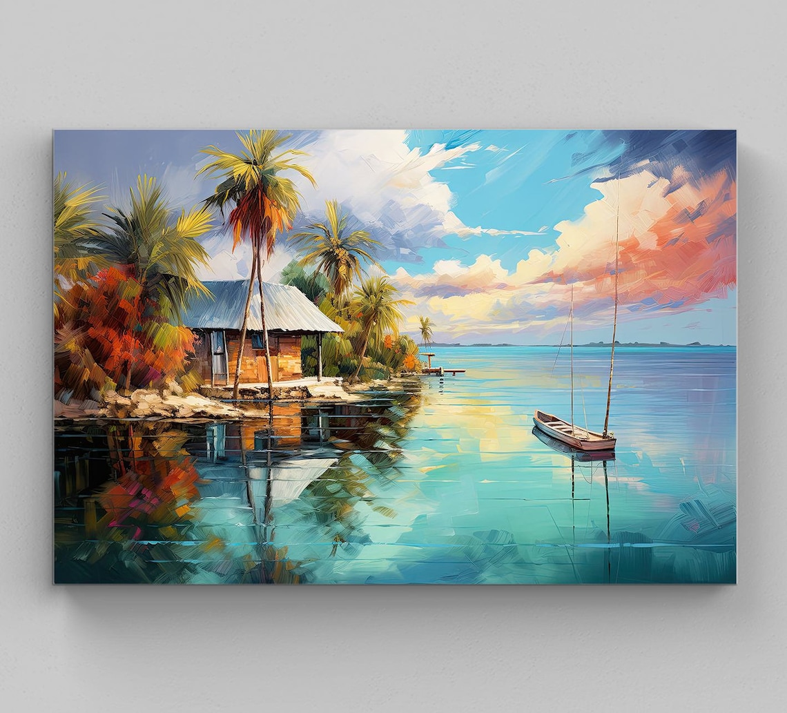 Tranquil Tropical Lagoon Palm Hut and Boat at Sunset Art Poster