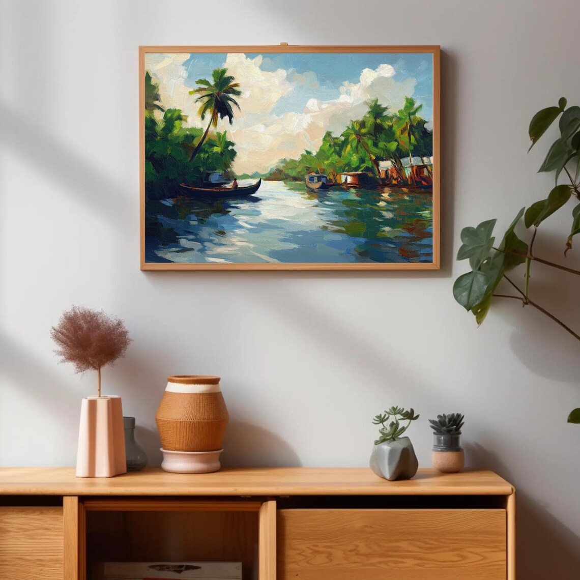 Kerala Backwaters Palm Trees Lone Canoe Tropical Oil Painting Poster - Image 3