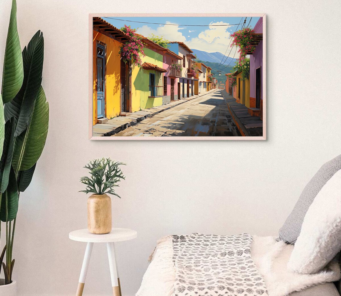 El Salvador Colorful Colonial Street Sunlit Town Painting Poster - Image 2