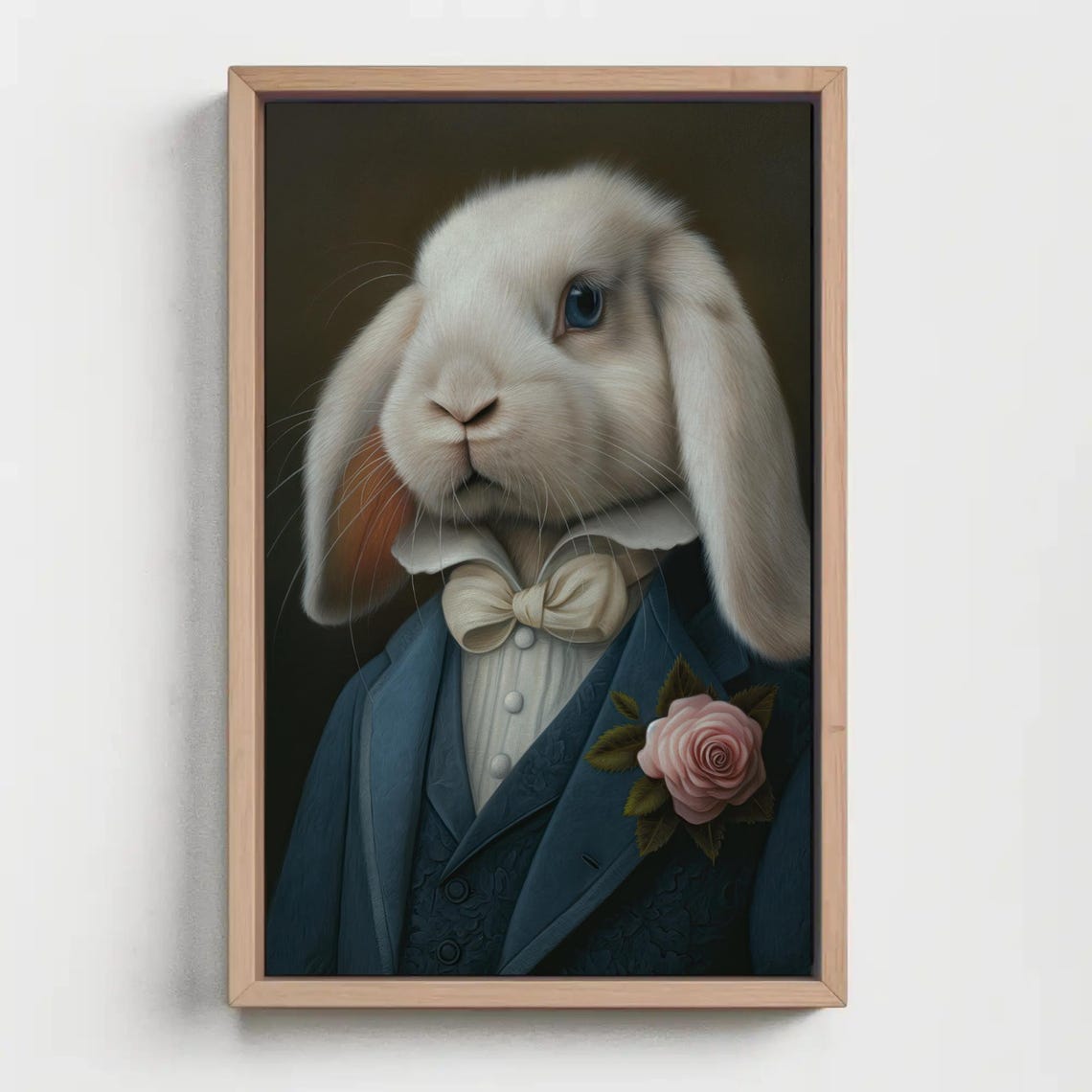 Elegant White Holland Lop Rabbit In Blue Suit With Rose Poster - Image 4