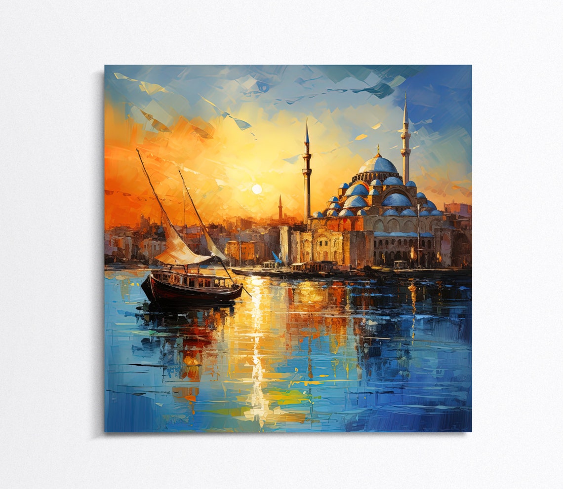 Istanbul Grand Mosque at Sunset With a Sailboat on the Water Poster