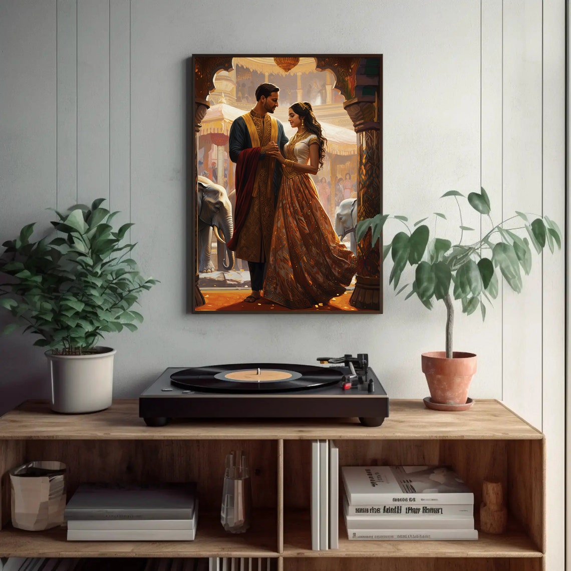 Indian Wedding Couple at Palace with Elephants Romantic Art Print - Image 2
