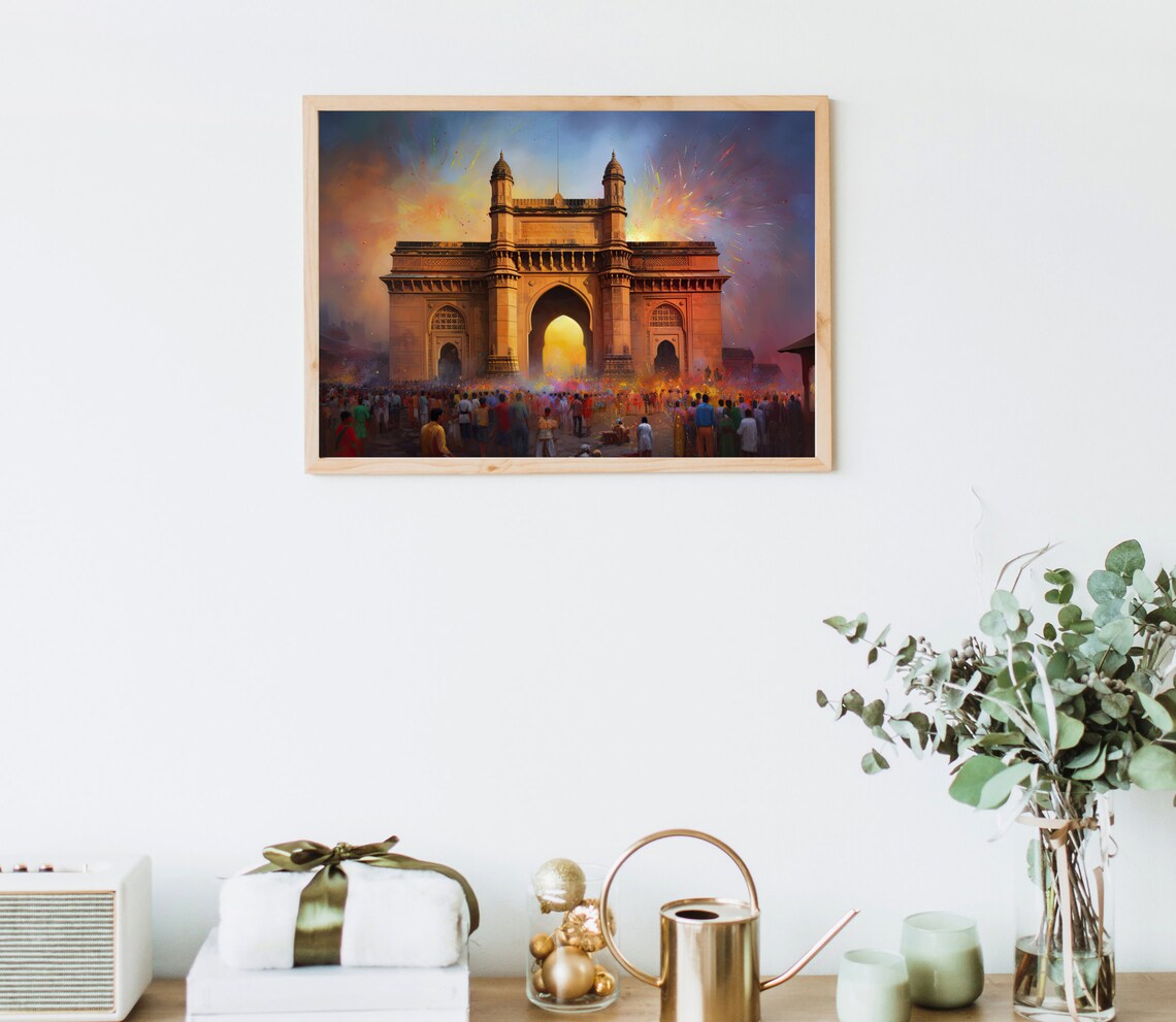 Gateway of India Holi Festival Crowd Celebration Painting Poster - Image 4