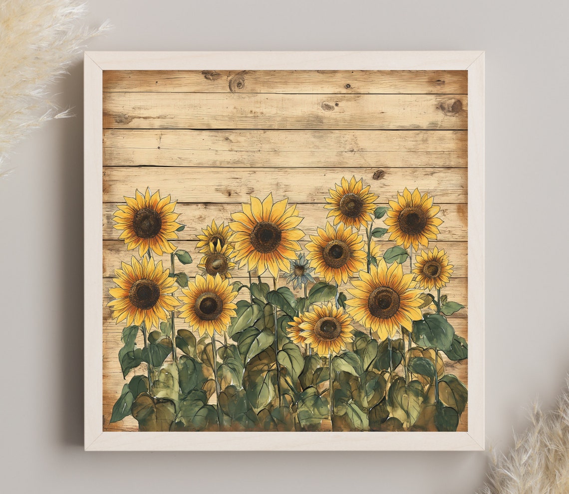 Sunflower Field Blooming On Rustic Wood Summer Floral Wall Poster - Image 3