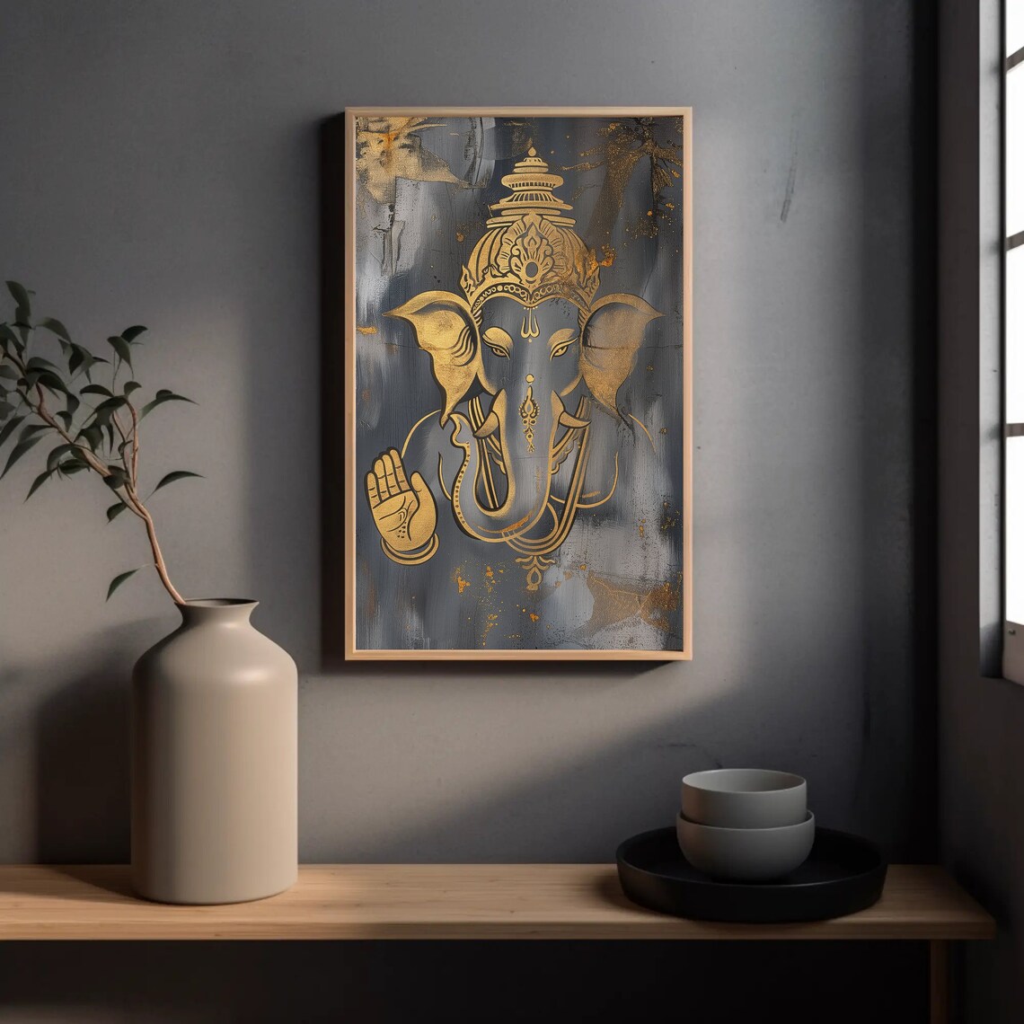 Gold and Gray Ganesha Face Abstract Painting Spiritual Wall Poster - Image 5