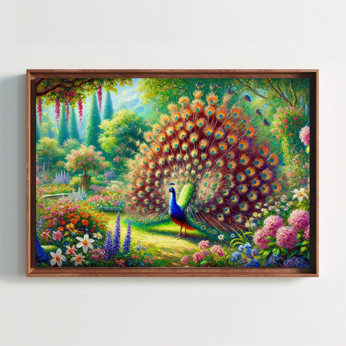 Majestic Peacock With Fanned Tail In Blooming Flower Garden Poster