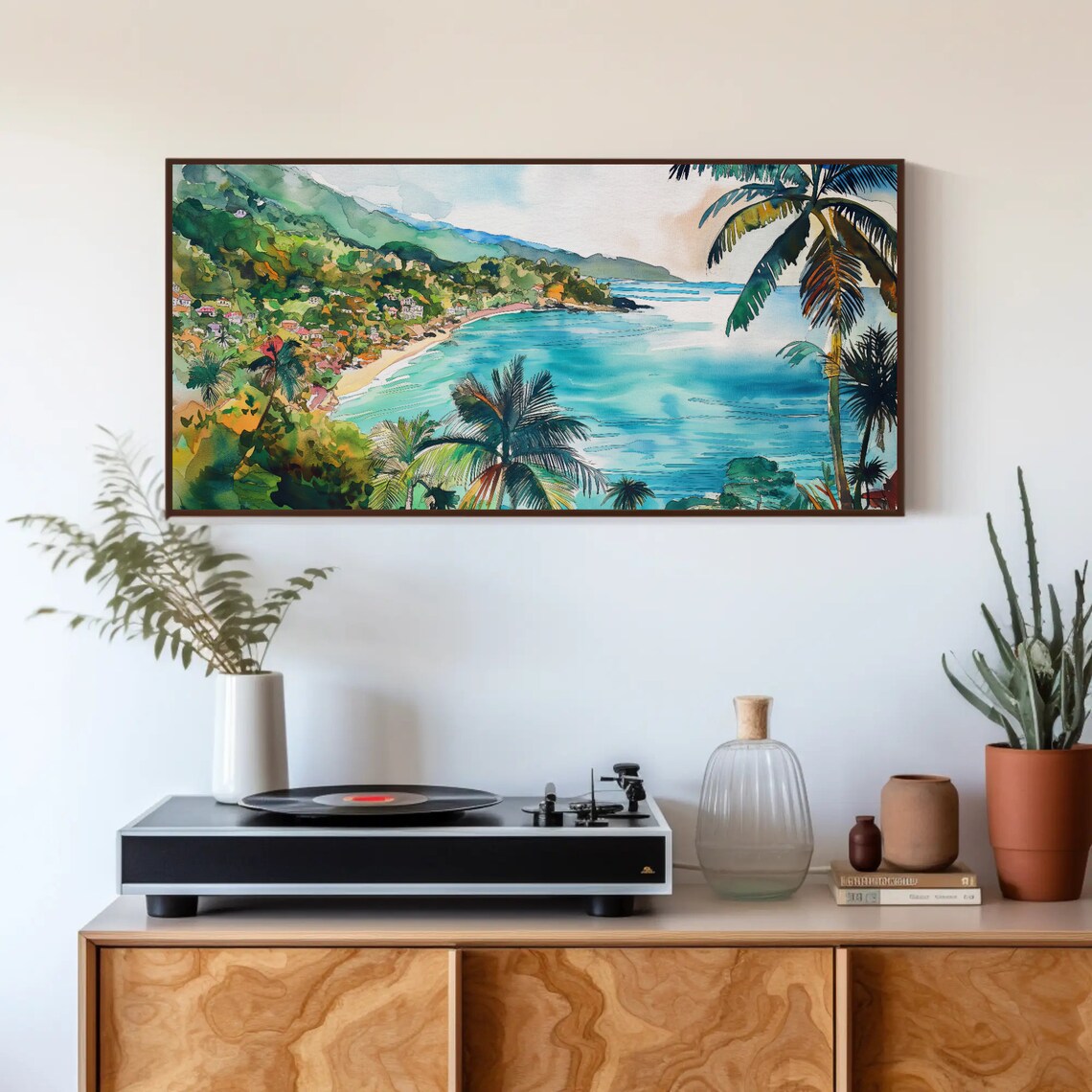 Palm-Fringed Tropical Bay Turquoise Blue Water Watercolor Poster - Image 5