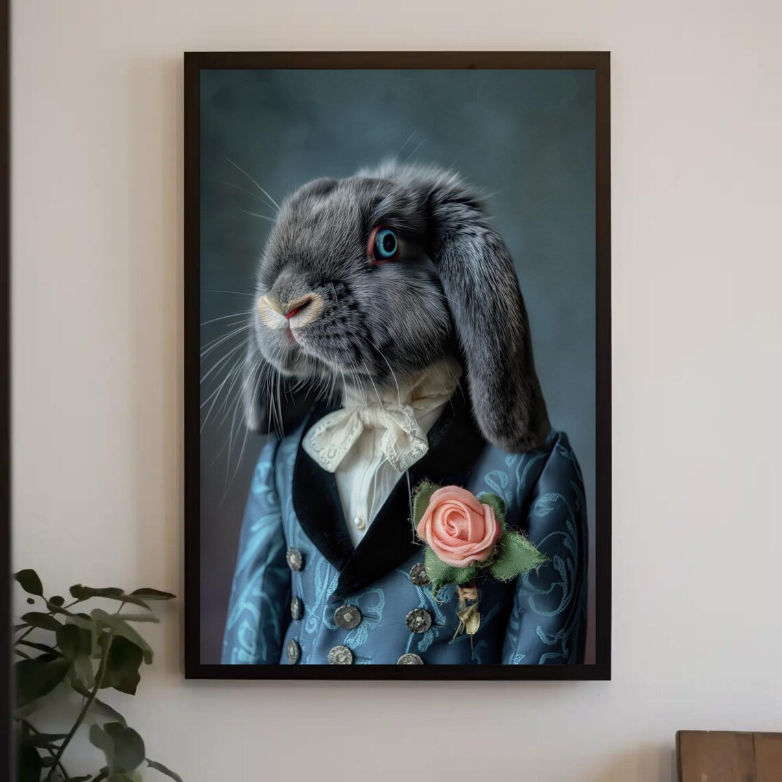 Gray Holland Lop Rabbit in Blue Victorian Suit with Rose Portrait Poster