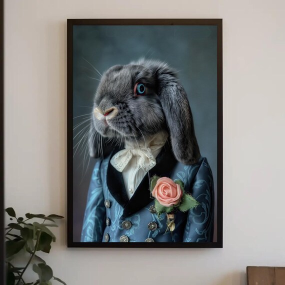 Gray Holland Lop Rabbit in Blue Victorian Suit with Rose Portrait Poster
