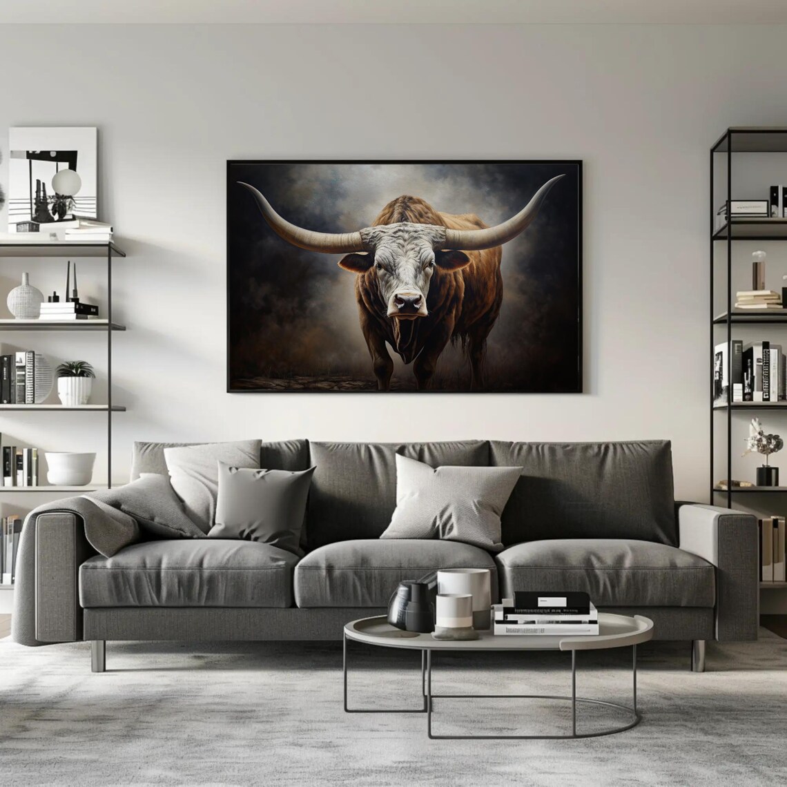Texas Longhorn Bull Dramatic Dark Farmhouse Oil Painting Poster - Image 3