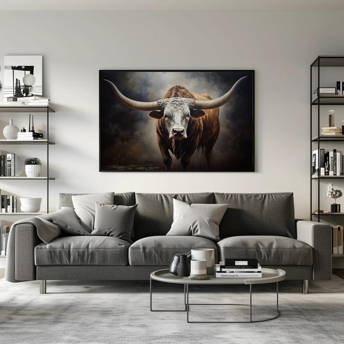 Texas Longhorn Cow Large Painting Farmhouse Living Room Art Longhorn Painting Wall Art Framed Print Stretched Ready To Hang - Image 3