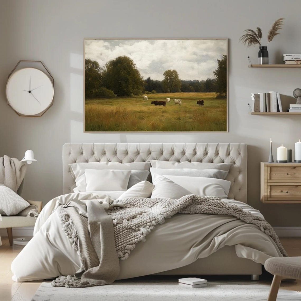 Cattle Grazing in a Sunlit Pasture Vintage Landscape Painting Poster - Image 2