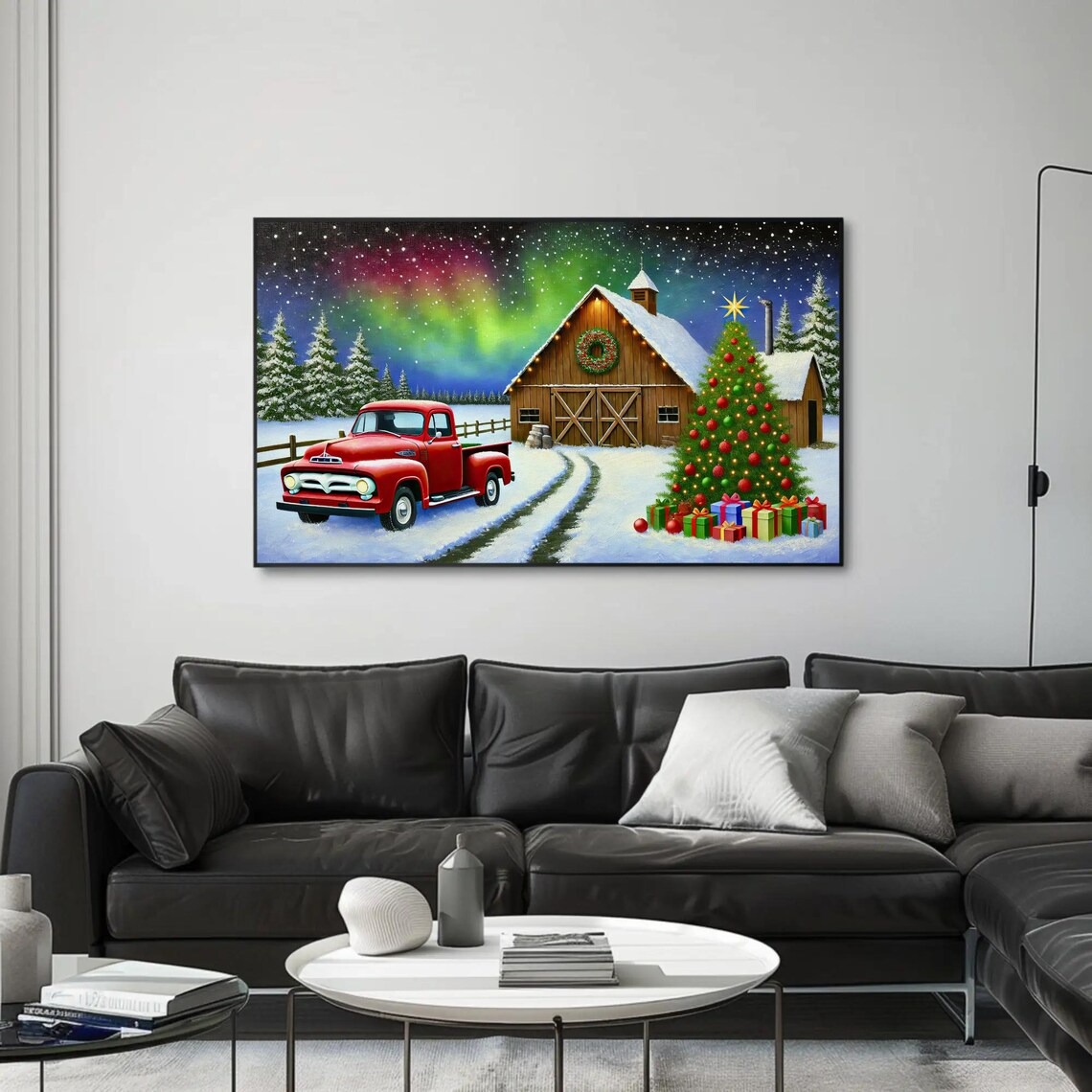 Vintage Red Truck At A Wooden Barn Under Aurora Lights Poster - Image 4