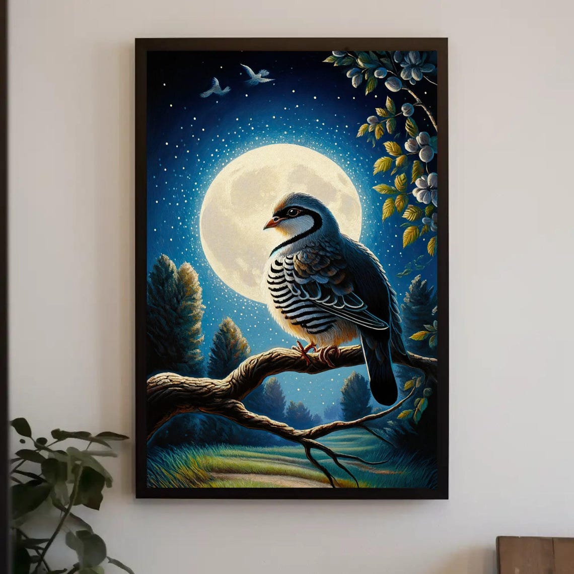Partridge Perched On Branch Beneath Full Moon Night Sky Poster