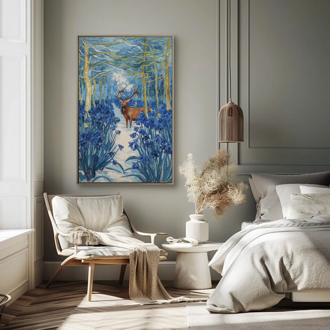 Stag Deer In Blue Snowy Forest Winter Woodland Oil Painting Poster - Image 2