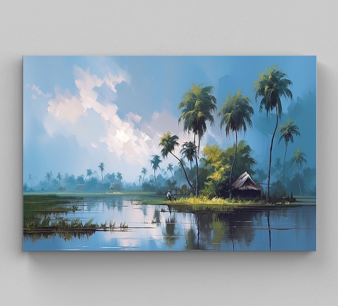 Serene Kerala Backwaters With Palm Trees And A Thatched Hut Poster