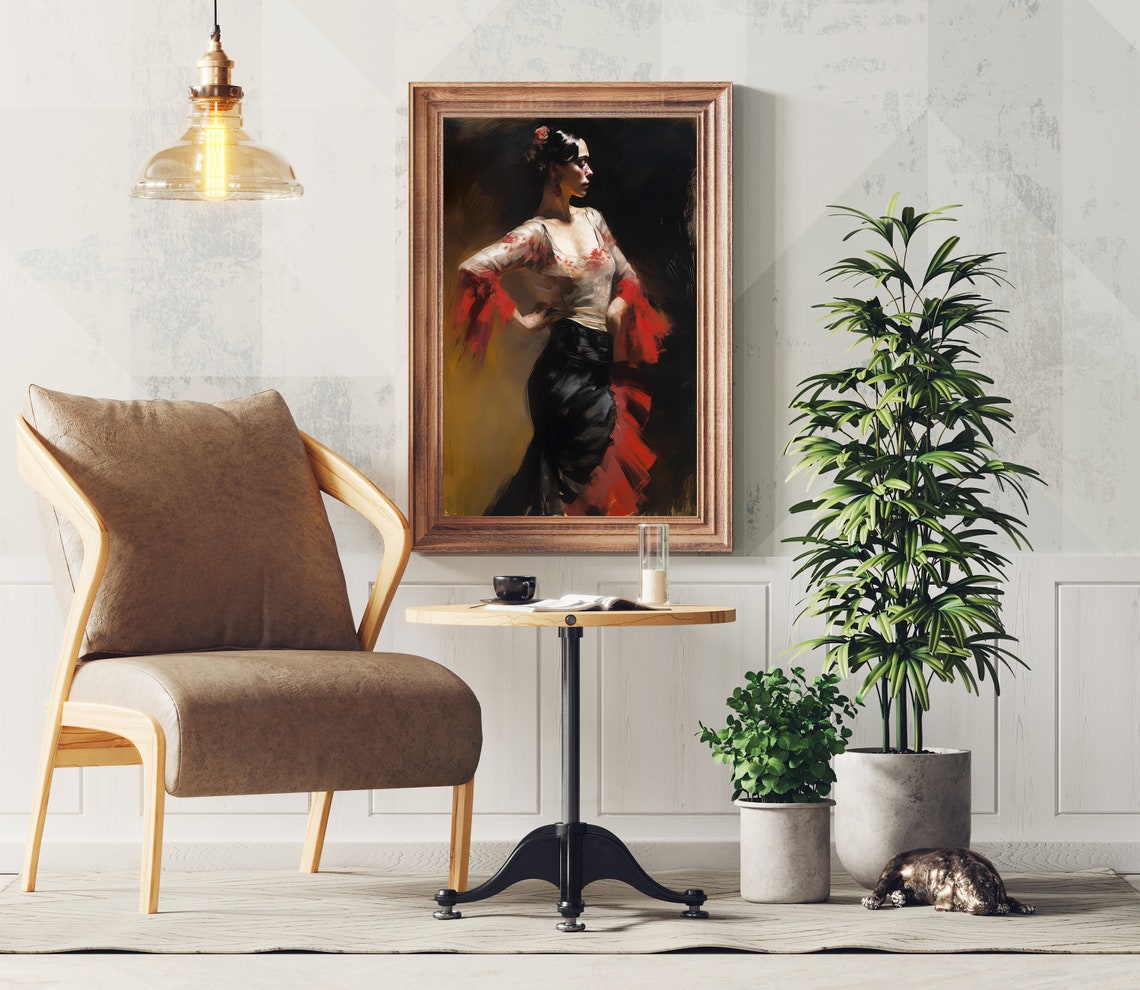 Spanish Flamenco Dancer Red Shawl Dramatic Oil Painting Poster - Image 2