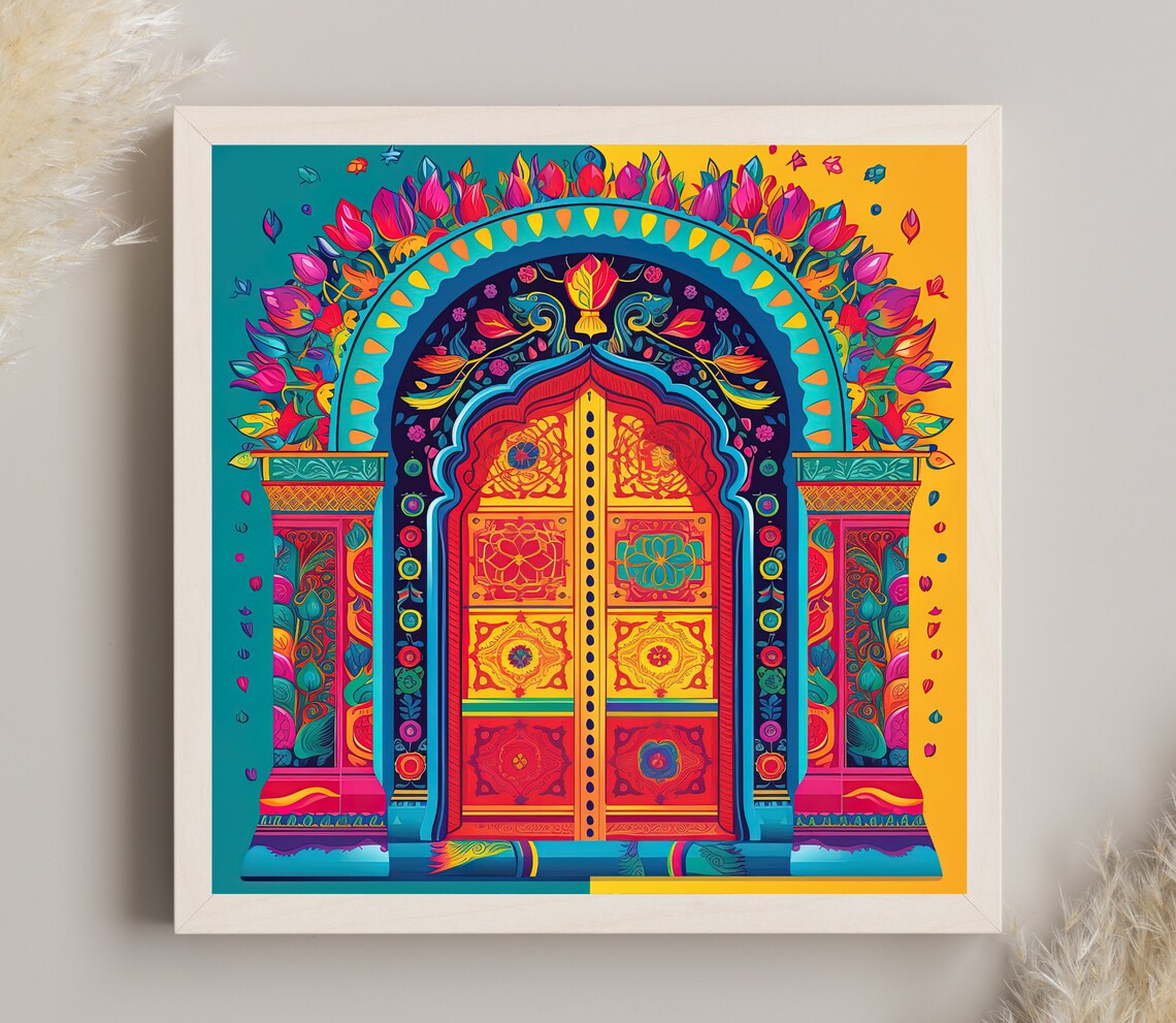Rajasthani Painted Door Floral Mandala Arch Colorful Folk Art Print