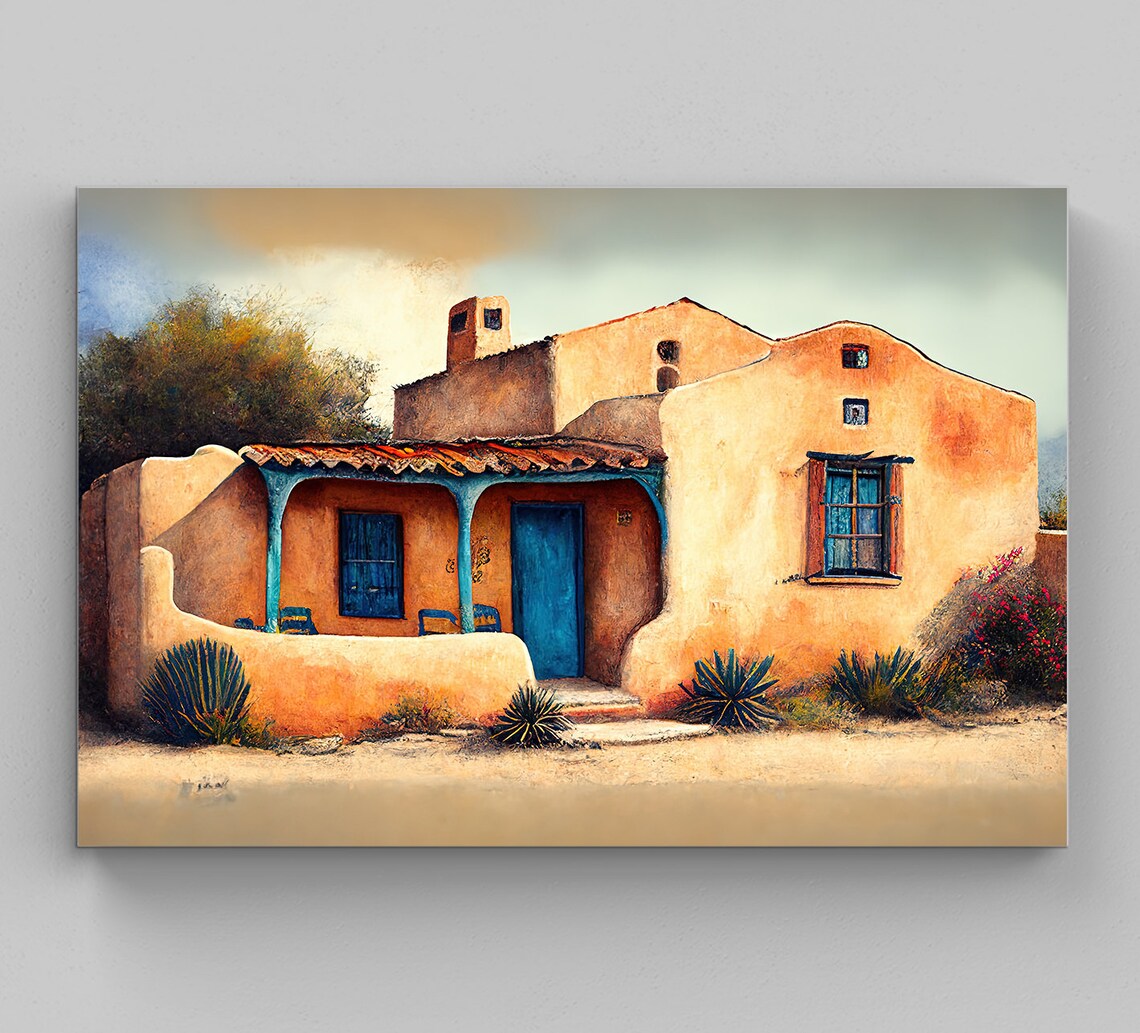 Adobe Pueblo House Blue Doors Desert Plants Southwestern Art Poster
