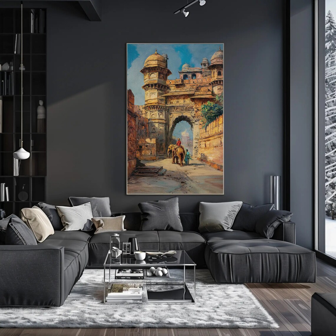 Indian Fort Gateway With Elephant Vintage India Oil Painting Poster - Image 5