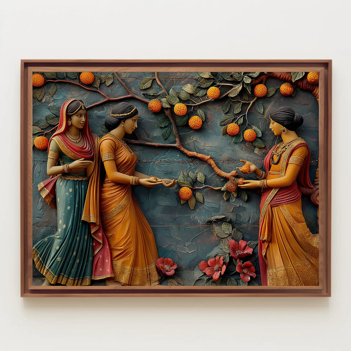 Indian Women Under Orange Tree 3D Sculpture Relief Style Poster