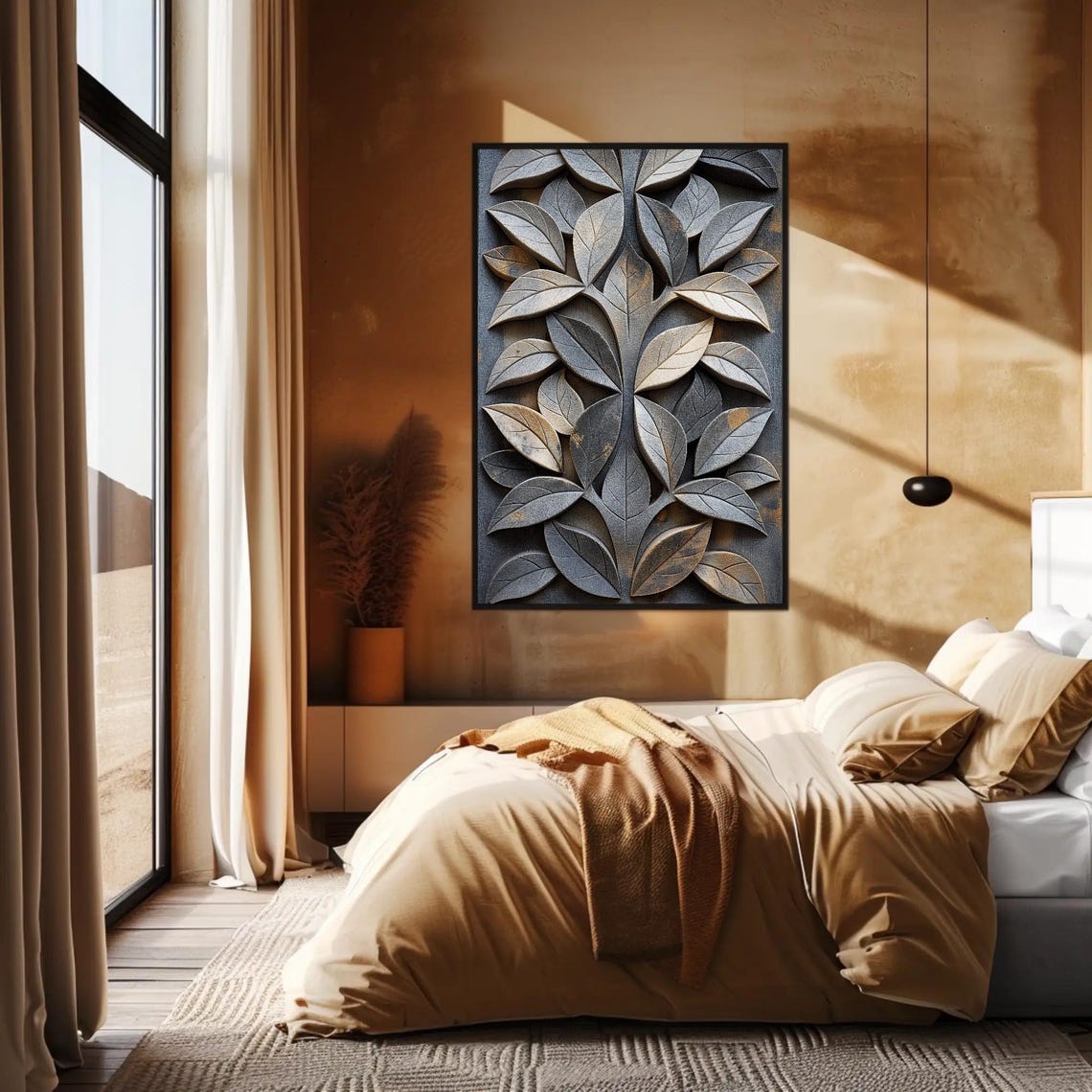 Carved Stone Leaf Relief In Grey And Gold Botanical Wall Art - Image 3