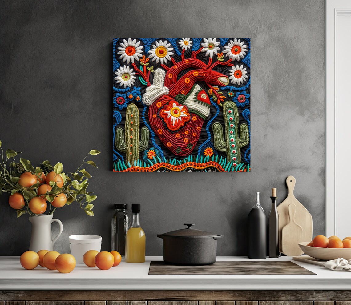 Cactus Flower Heart Huichol Mexican Folk Art Print - Image 3