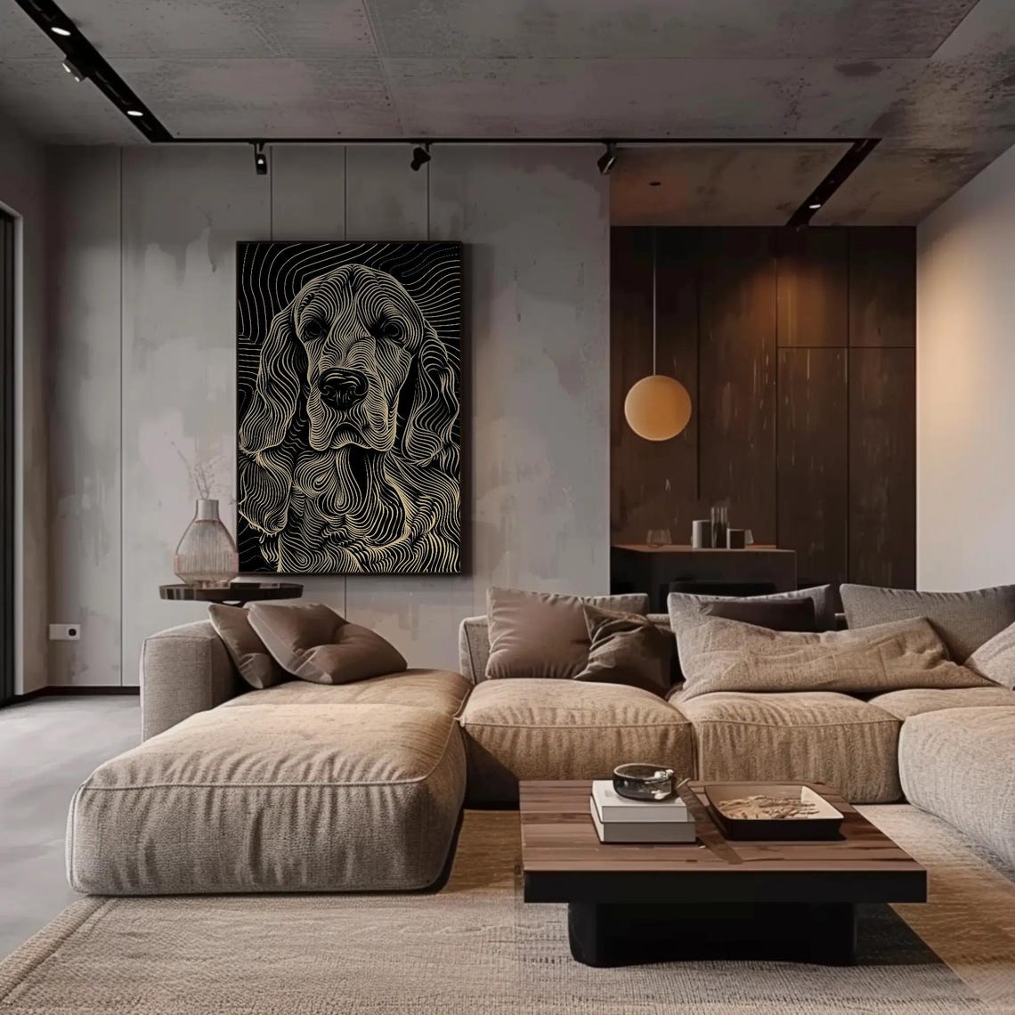 Gold Line Art Long Eared Dog Portrait Poster on Black Background - Image 4