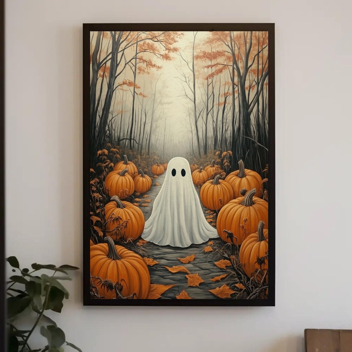 Ghost Pumpkin Patch Winding Autumn Forest Path Seasonal Halloween Poster - Image 4