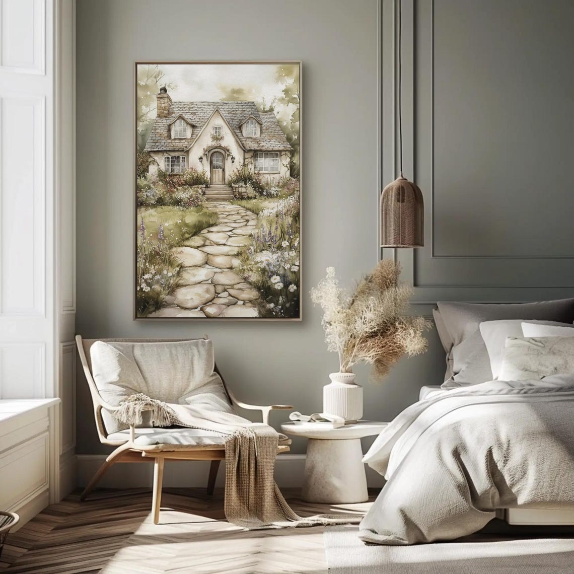 Charming Stone Cottage with a Stone Path and Flower Garden Poster - Image 2