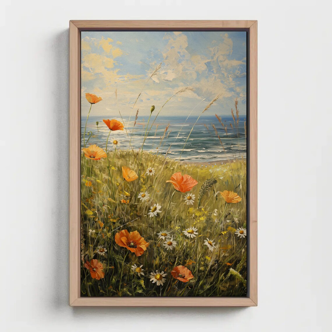 Orange Poppies And Daisies In Coastal Meadow By The Sea Art Poster - Image 4