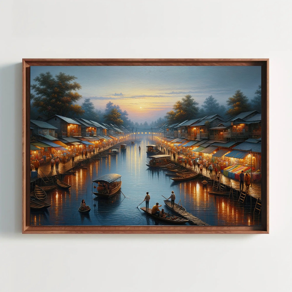 Floating Market at Dusk on River Night Lights Painting Poster