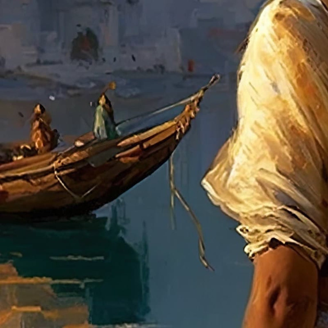 Indian Woman Gazing At River Palace Boat Scene Romantic Art Poster - Image 3