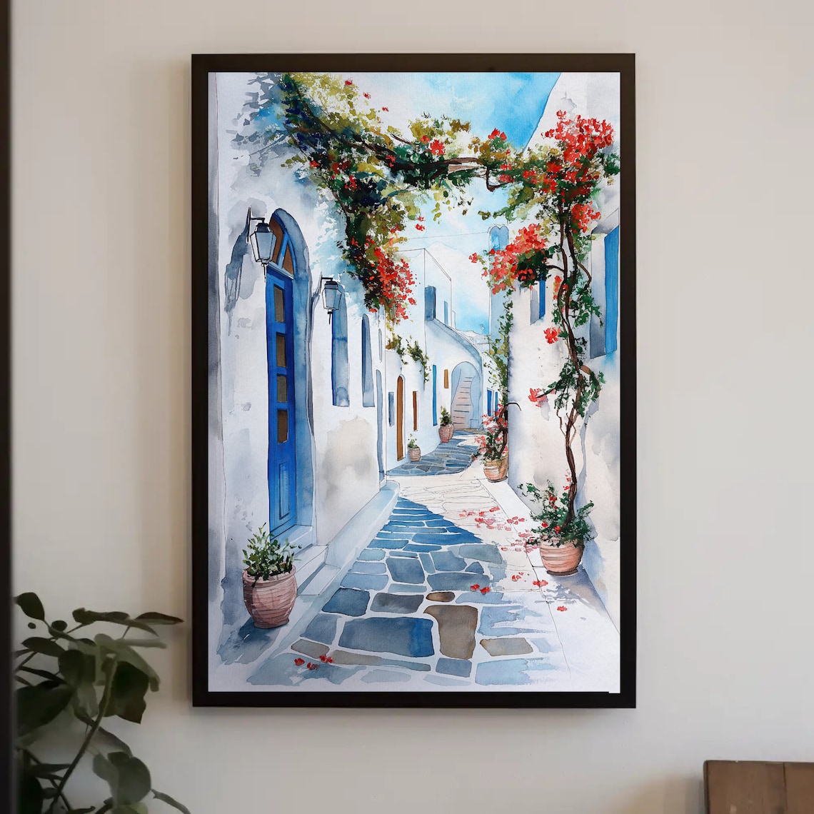 Santorini White Alley With Bougainvillea Watercolor Greece Poster
