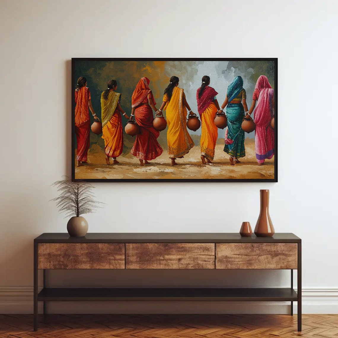 Indian Women Carrying Clay Pots in Bright Colorful Sarees Poster - Image 3