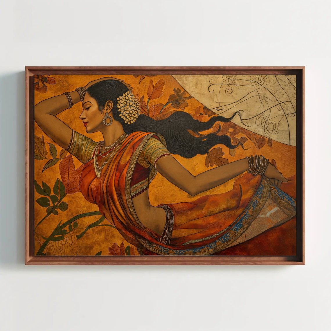 Indian Woman in Orange Saree Dancing Golden Traditional Art Poster