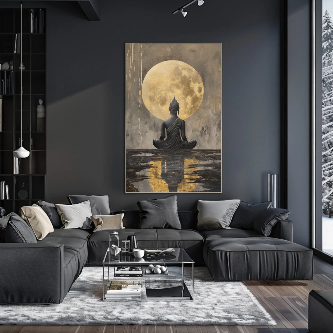 Buddha Meditating Under Golden Full Moon Water Reflection Poster - Image 4