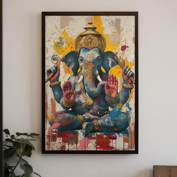 Ganapati Color Painting Ganesh Wall Art Framed Indian Hindu Artwork For Living Room Meditation Space Temple Room Ready To Hang