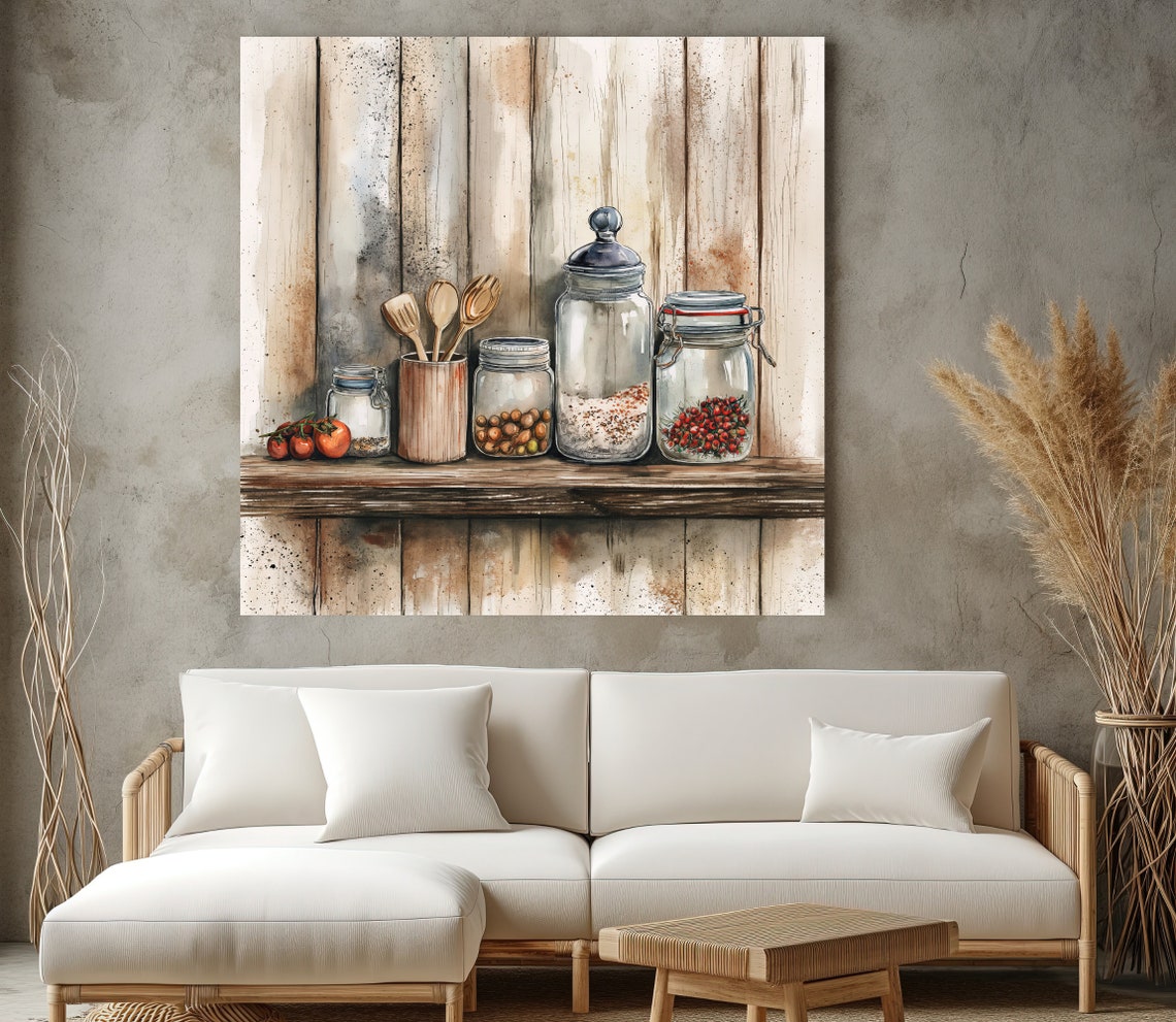 Rustic Kitchen Shelf With Mason Jars Watercolor Farmhouse Wall Print