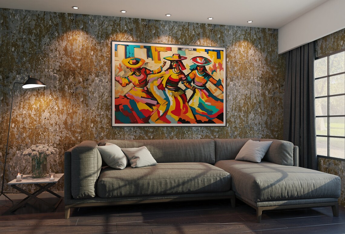 Mexican Folk Dancers in Bright Costumes and Sombreros Oil Painting Poster - Image 4