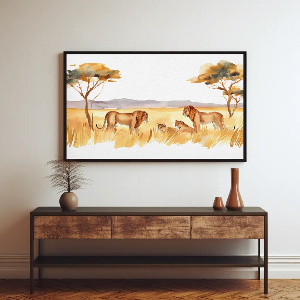 Lion Pride Resting on African Savanna Watercolor Wildlife Poster - Image 4
