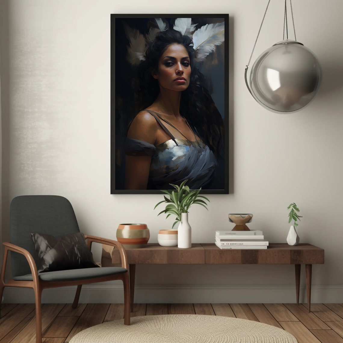 Nyx Greek Goddess Of Night White Feathers Dark Portrait Wall Art - Image 3