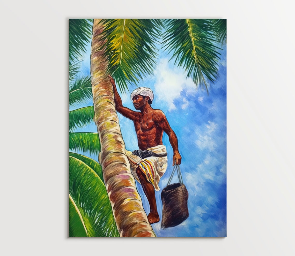 Kerala Toddy Collector Climbing a Tall Coconut Palm Tree Poster - Image 5