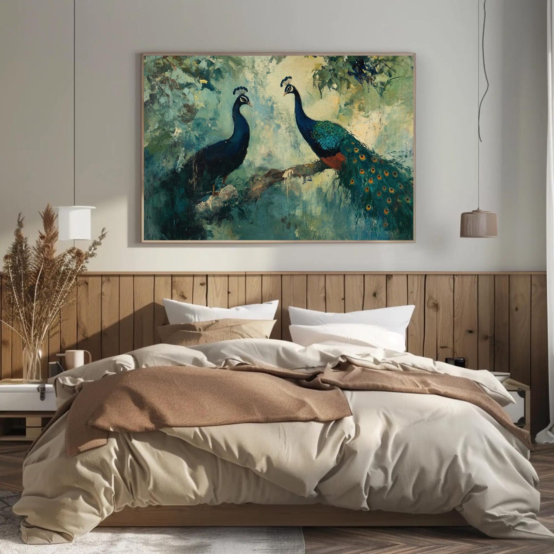 Two Serene Peacocks On A Branch In Sage Green Painting Poster - Image 3